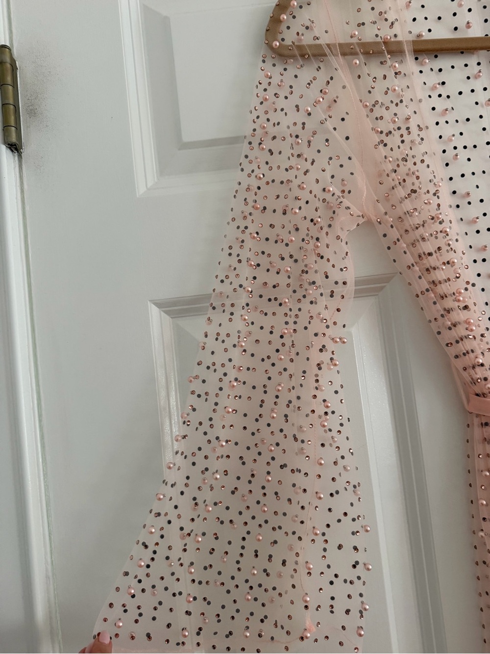Blush Pink Mesh Pearl Rhinestone Duster Cardigan Cover-Up Size M - Picture 4 of 12